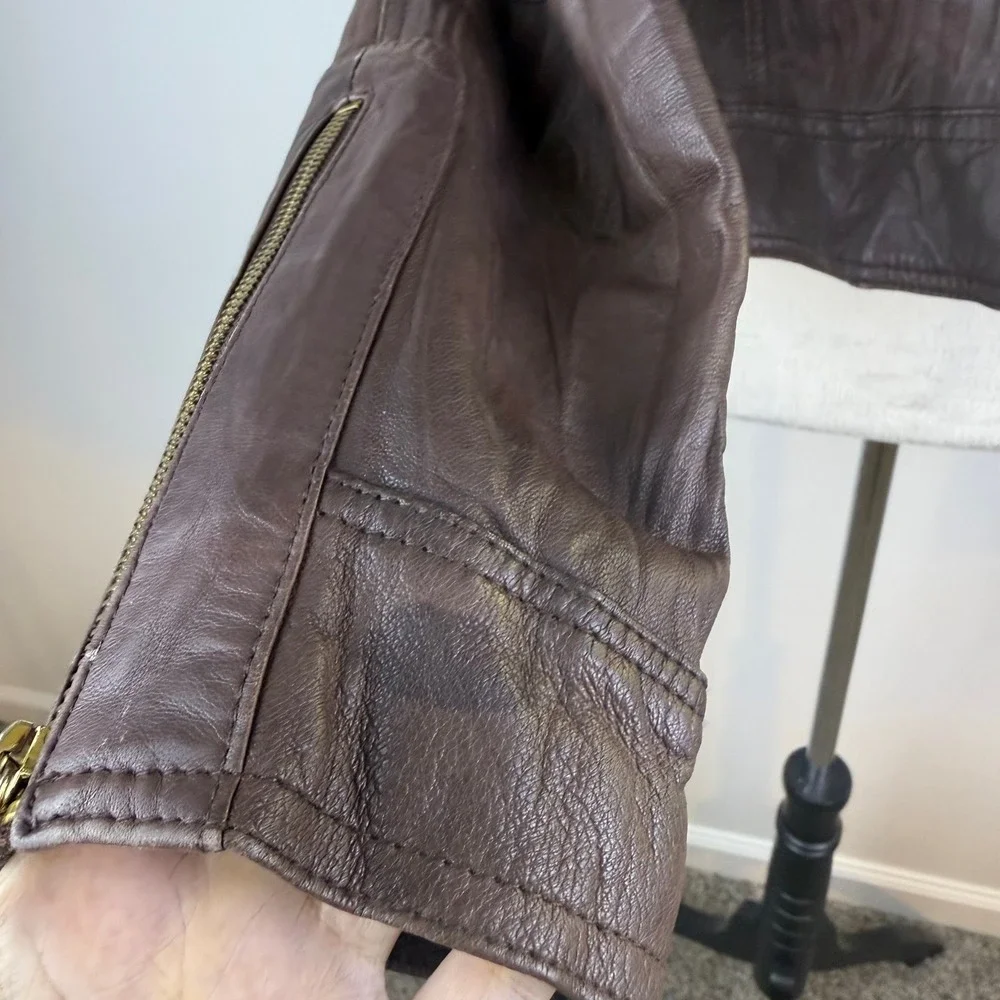 Y2K Guess Womens Brown Real Leather Moto Jacket Gold Zip & Snaps Pocket Size LG